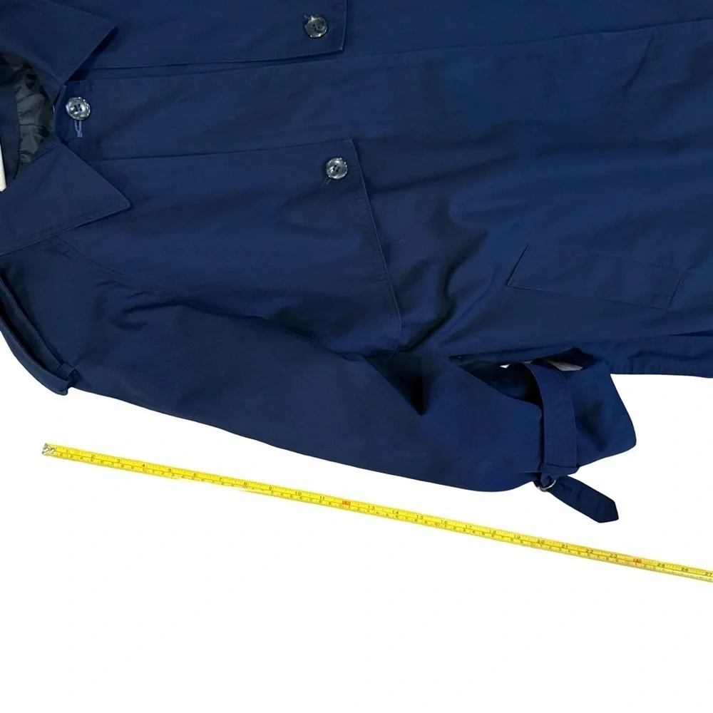 Image Navy Belted Trench Coat Size L or XL Classic Minimalist Outerwear - Picture 10 of 15